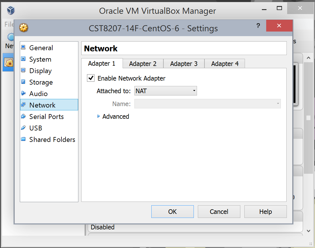 Enable Network Adapter 1 and attach to NAT