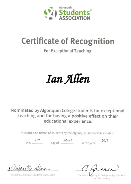 Certificate of Recognition for Ian Allen